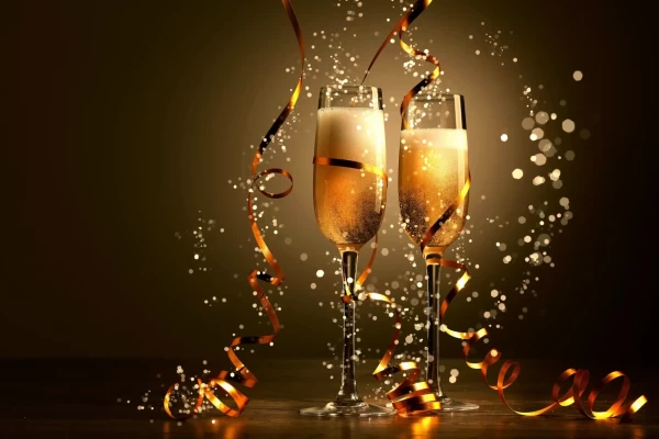 Due bicchieri di champagne con decorazioni festive e nastri scintillanti.